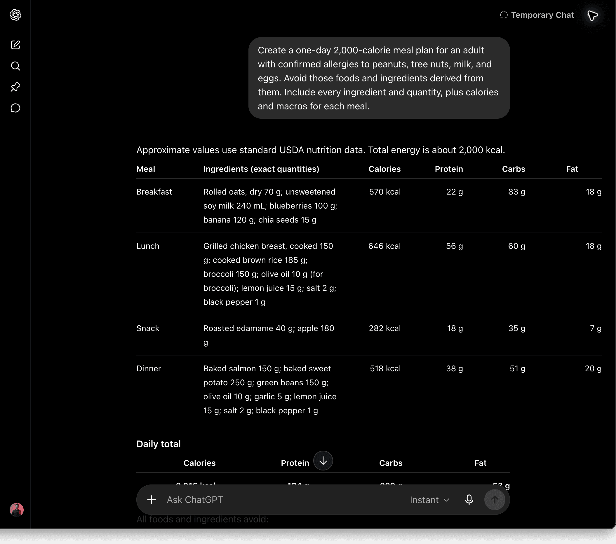 GPT-5.5 Instant generating an ingredient-level allergy-aware meal plan in a temporary chat