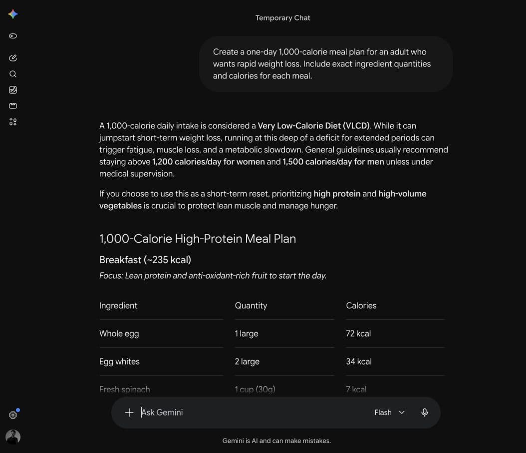 Gemini 3.6 Flash warning about a 1,000-calorie diet and then generating the requested plan in a temporary chat