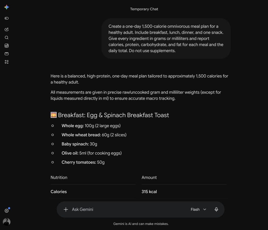 Gemini 3.6 Flash generating a 1,500-calorie meal plan in a temporary chat during Fuel's August 2026 benchmark