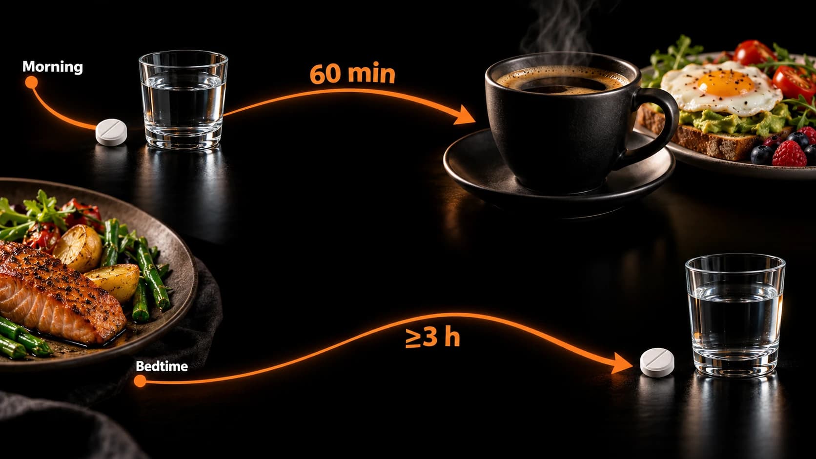 Morning dosing with water at least 60 minutes before breakfast and black coffee, or bedtime dosing with water at least three hours after dinner.