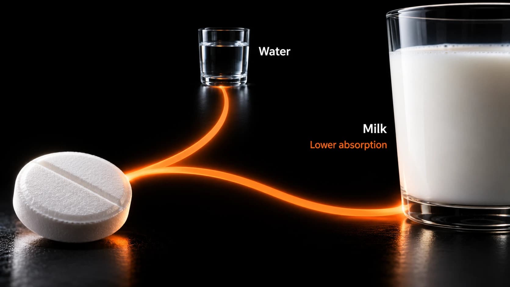 Two alternative levothyroxine co-ingestion conditions, water and milk, with lower absorption in the milk condition. Object sizes are illustrative.