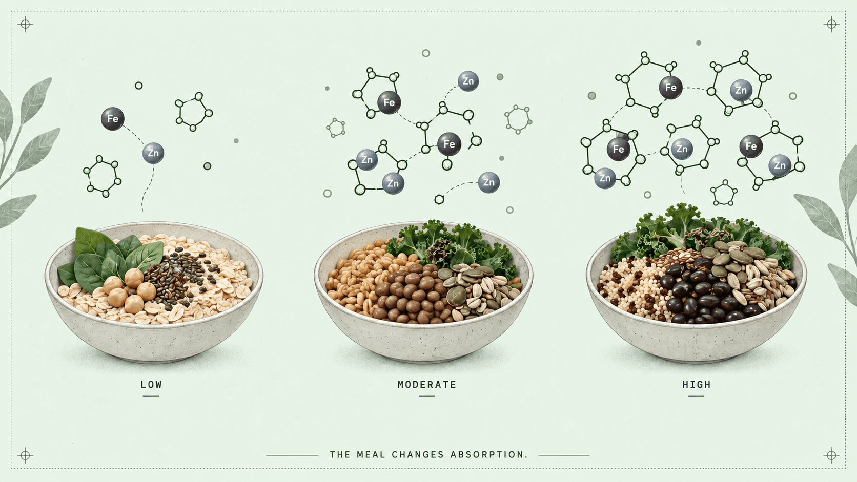 Three plant-based meals showing low, moderate, and high phytate exposure with progressively stronger mineral binding