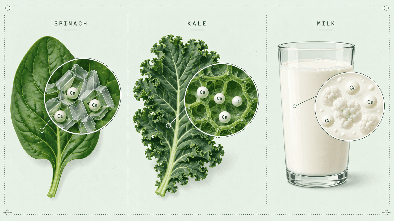 Spinach, kale, and milk shown with distinct calcium absorption paths