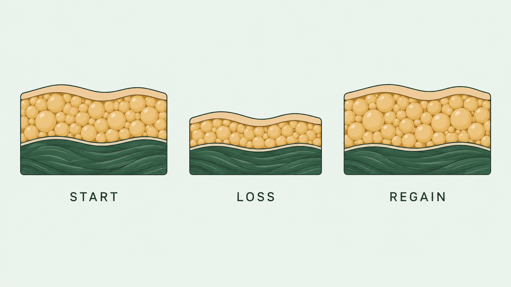 Illustrative body-composition sequence showing fat returning faster than lean tissue after weight loss