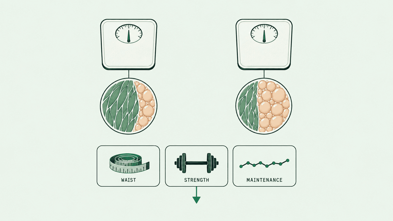 Two identical scale readings with different lean-to-fat compositions and checks for waist, strength, and maintenance