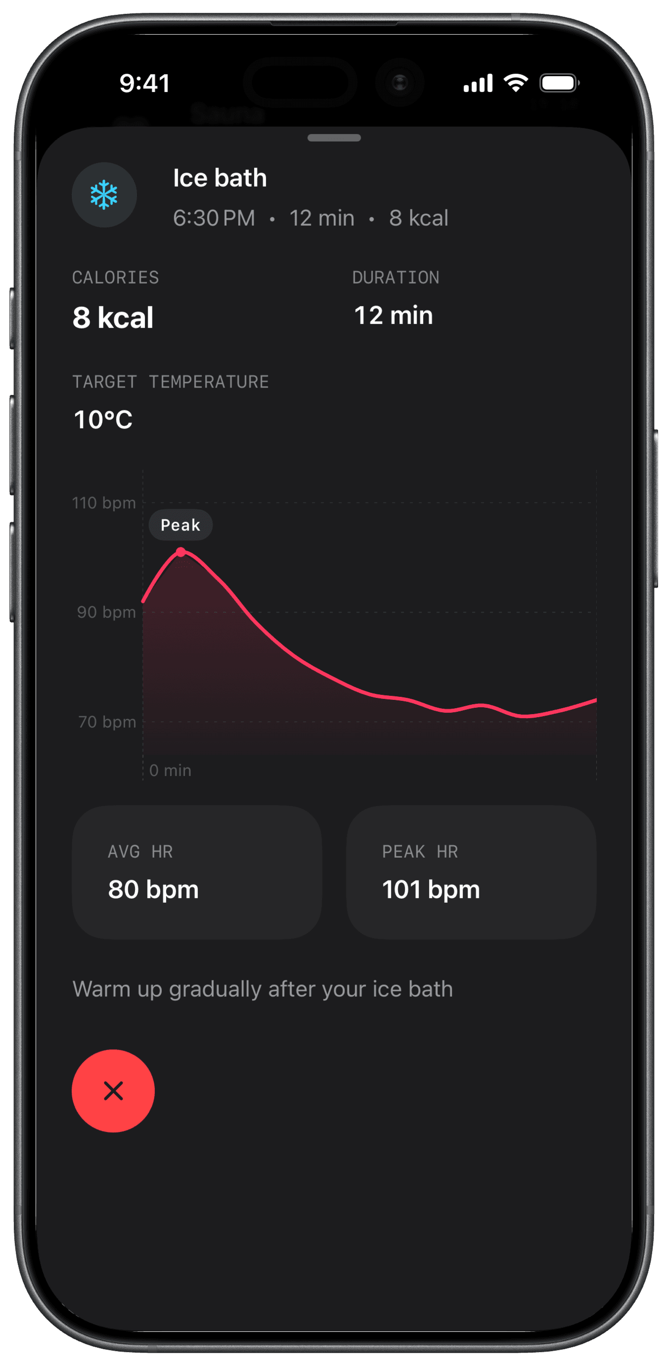 Fuel iPhone ice bath detail showing a separate twelve-minute example session with eight estimated calories