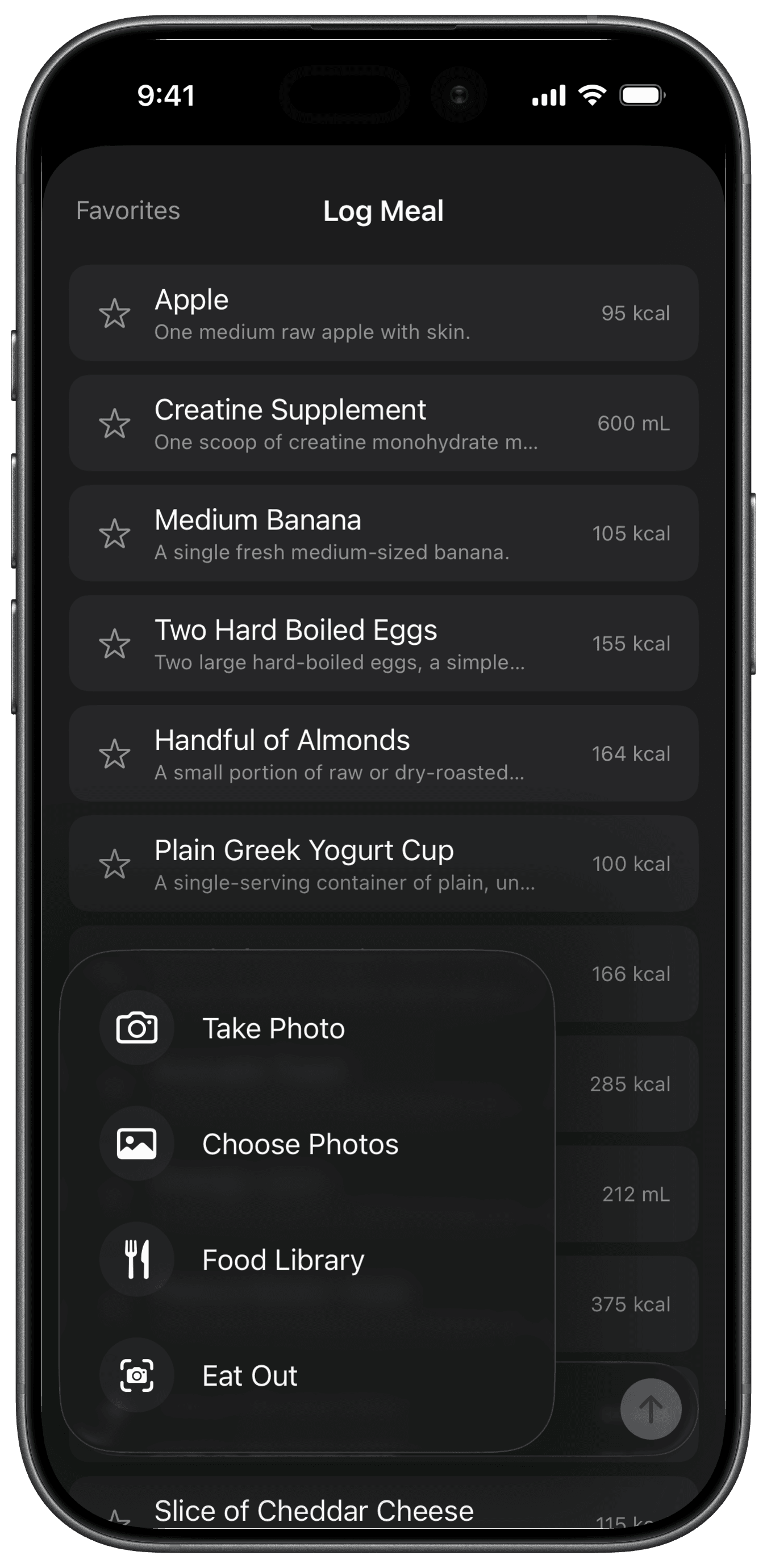 Fuel Log Meal attachment menu with the Eat Out menu-scanning action
