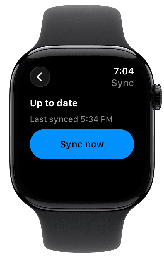 Fuel Apple Watch Sync screen showing update status, last synced time, and Sync now