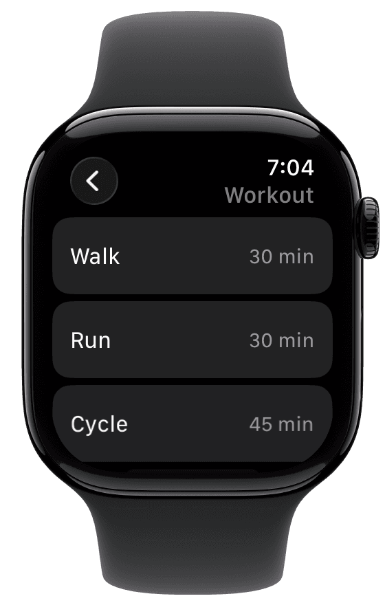 Fuel Apple Watch Workout preset list showing activity names and saved durations