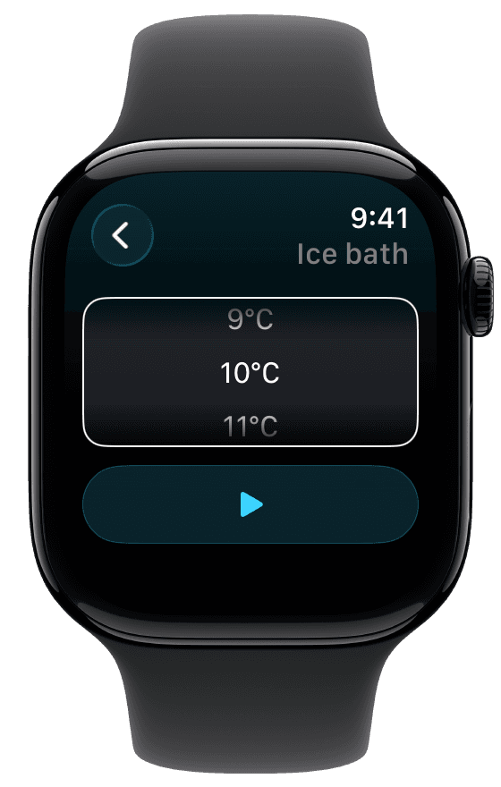 Fuel Apple Watch ice bath screen with the temperature picker and blue play button