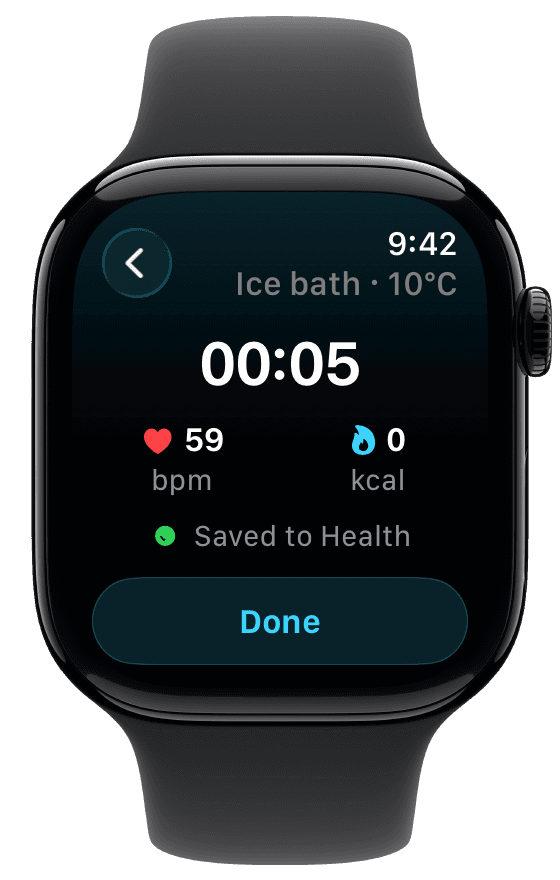 Fuel Apple Watch ice bath save result for a five-second example session showing zero estimated calories