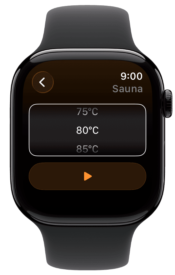 Fuel Watch sauna temperature picker and orange start button