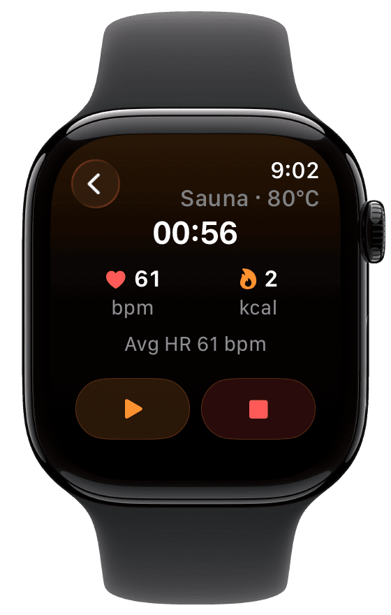 Paused Fuel Watch sauna session with play and stop controls