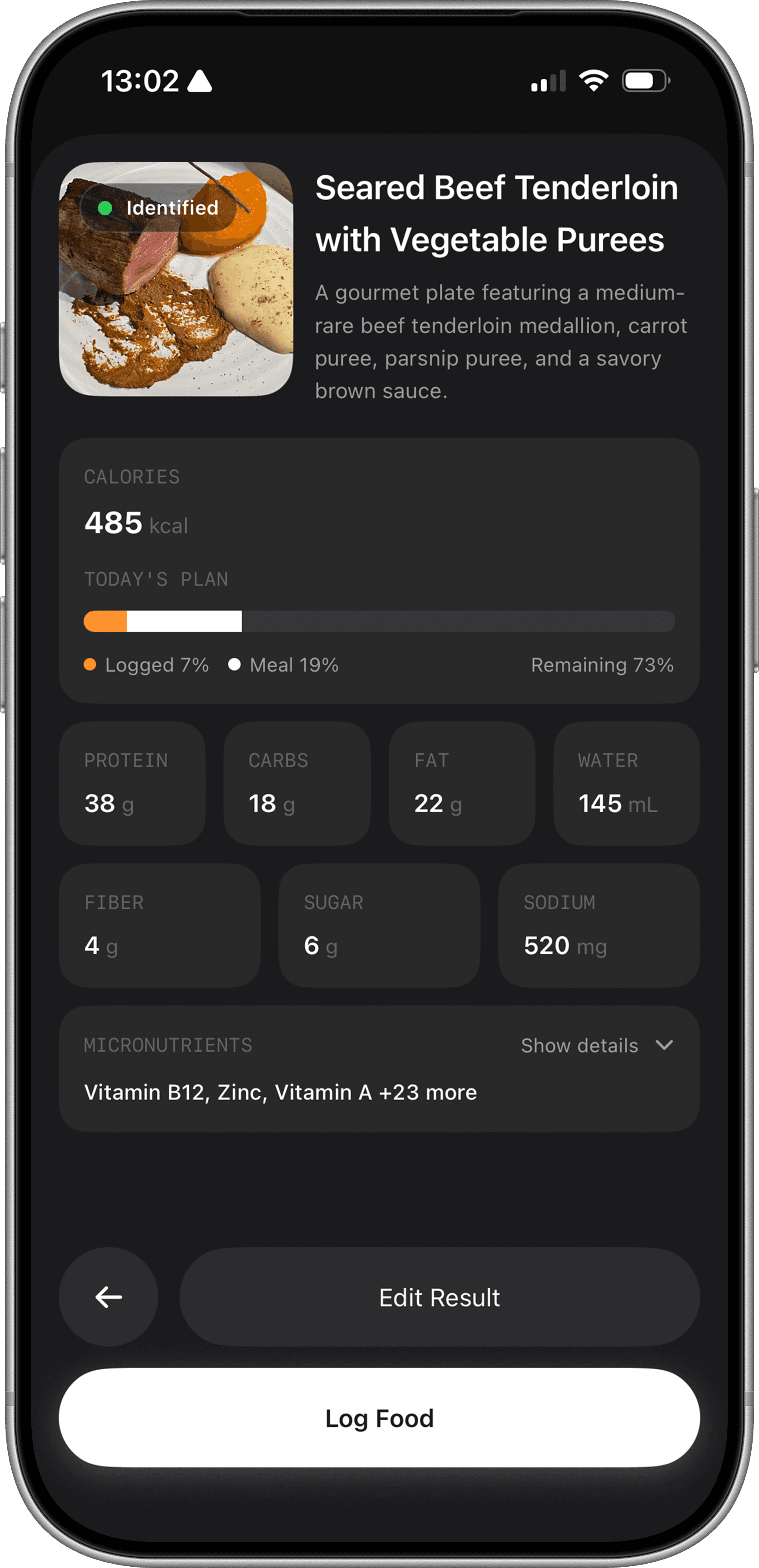 Fuel quick log showing photo and text-based meal analysis with editable nutrition output