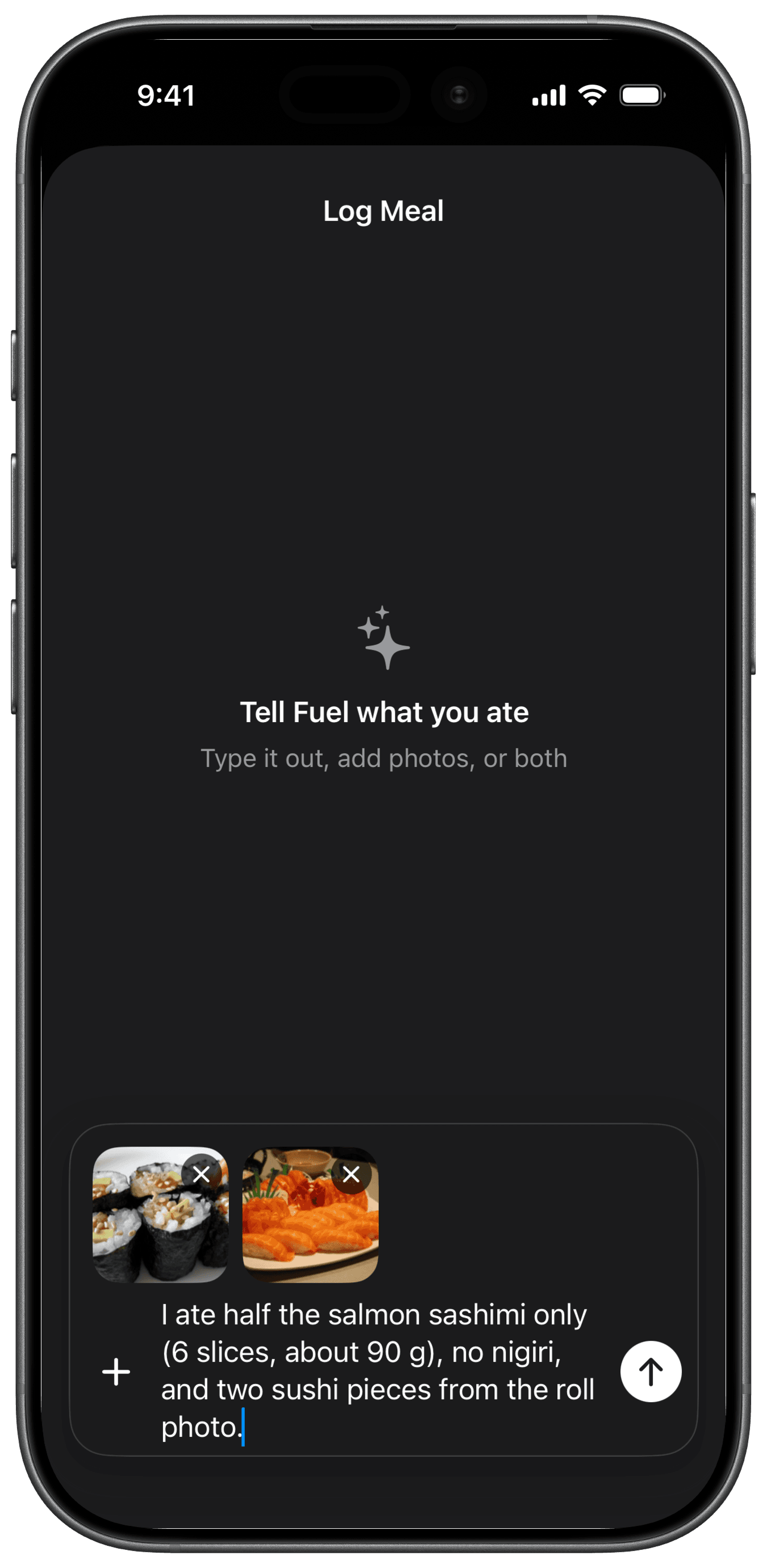 Fuel quick log showing photo and text-based meal analysis with editable nutrition output