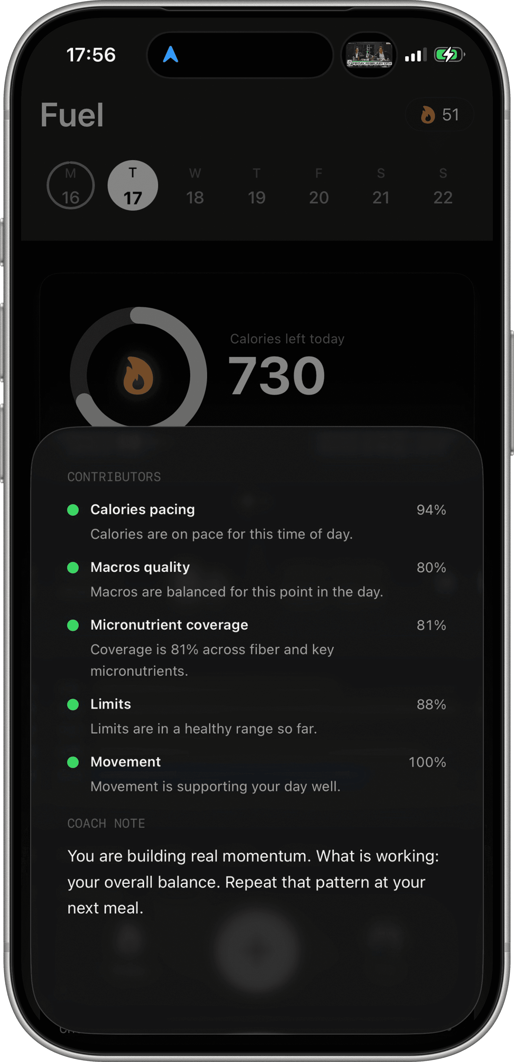 Fuel Daily Review showing adherence feedback and the first constraint that failed