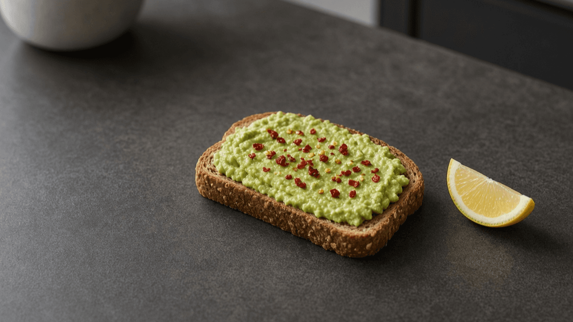 Avocado toast on whole-grain bread with chili flakes and lemon.