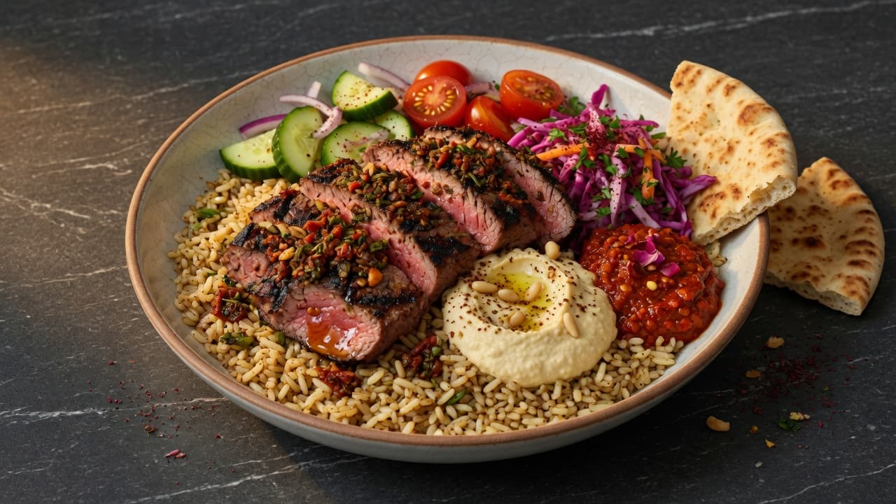 A CAVA-style bulk bowl with brown rice, double grilled steak, hummus, harissa, and side pita.