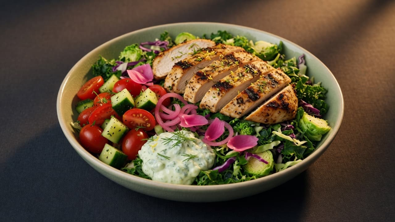 A SuperGreens CAVA-style bowl with double grilled chicken, vegetables, pickled onions, and light tzatziki.