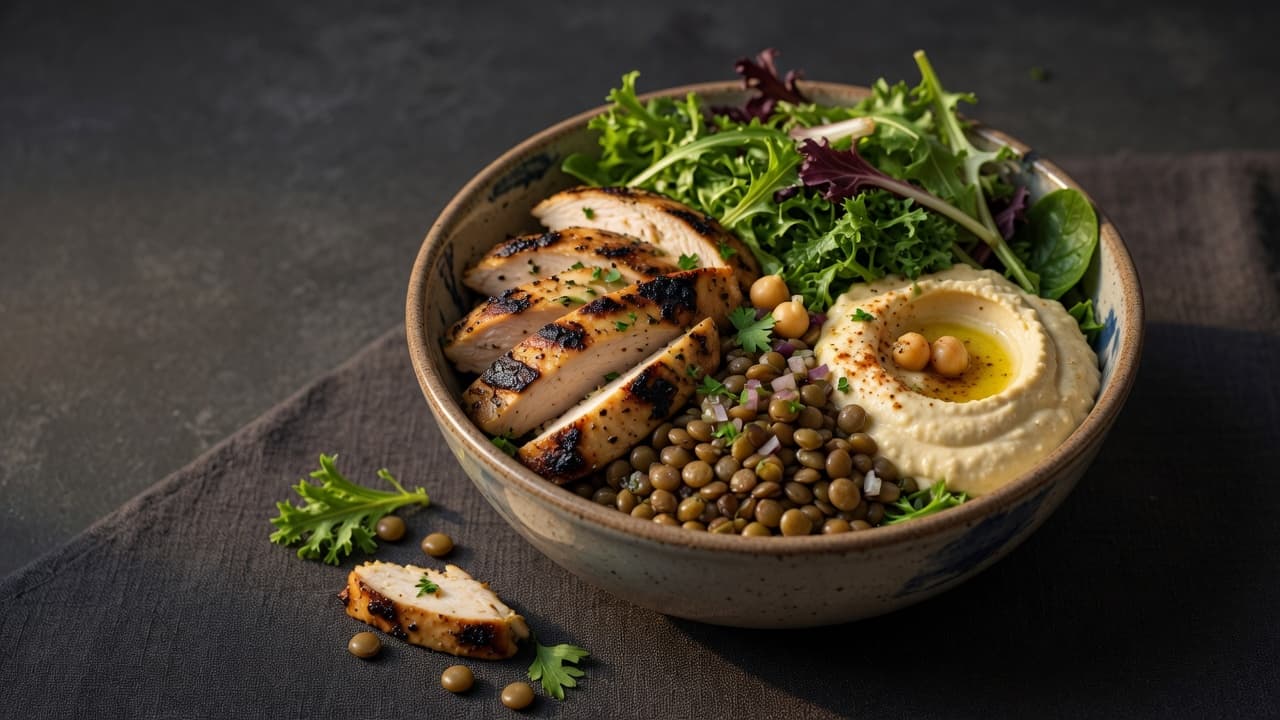 A compact CAVA-style bowl with grilled chicken, lentils, greens, and hummus for a low-appetite meal.