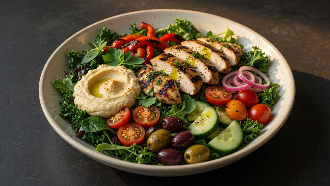 A greens-based CAVA-style recomp bowl with grilled chicken, hummus, vegetables, and modest dressing.