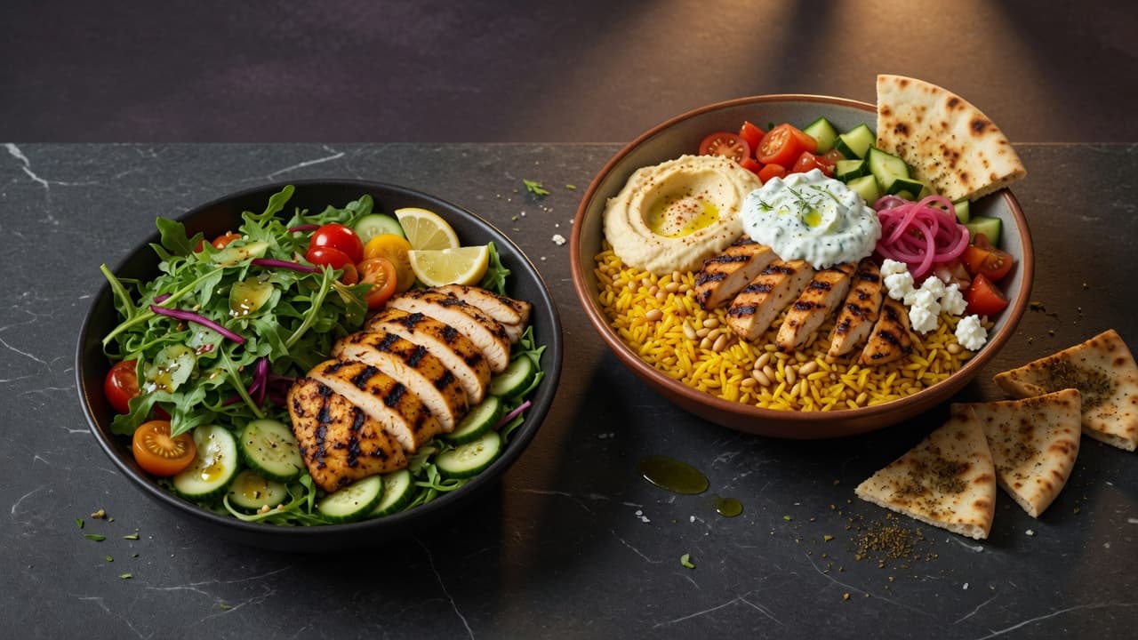 A lean greens-and-chicken bowl beside a richer rice-and-pita bowl for two different remaining macro budgets.