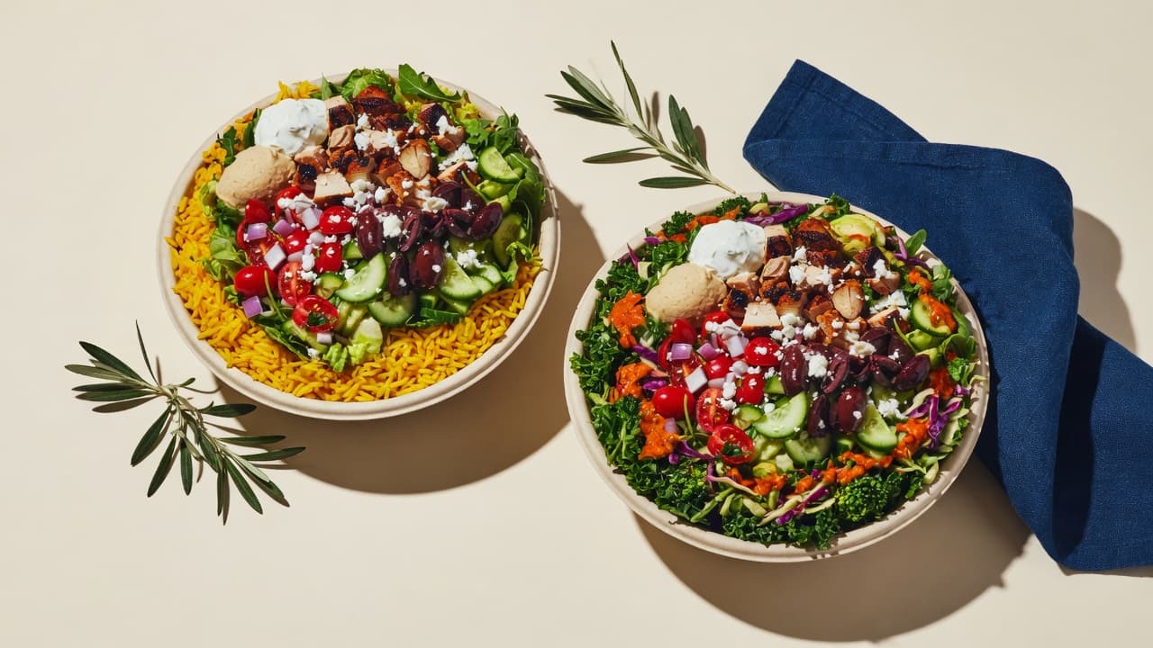 A CAVA bowl with rice and a greens bowl, showing the base-choice calorie difference.