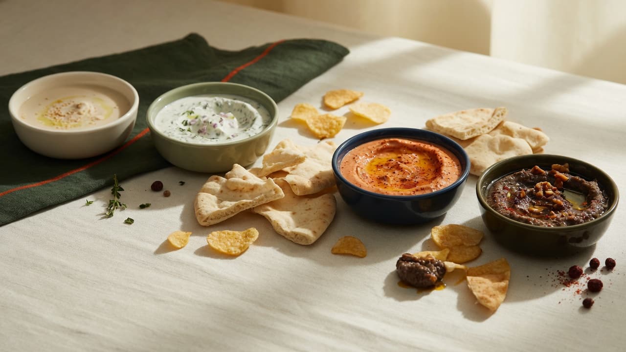 CAVA sauces, pita, and pita chips arranged to show the add-ons that change an order.