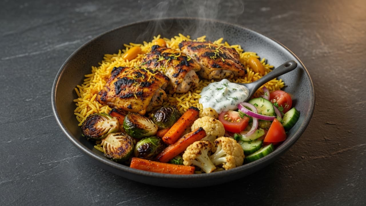 A CAVA-style training-day bowl with saffron rice, grilled chicken, roasted vegetables, and restrained sauce.