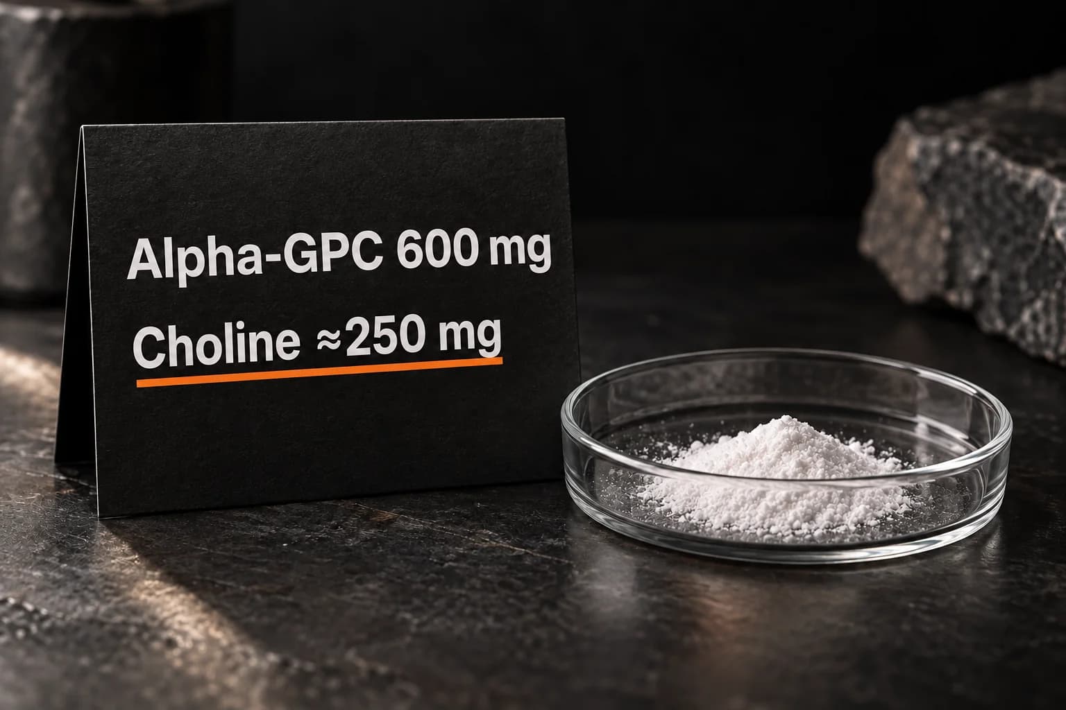 An ingredient card showing that 600 mg of Alpha-GPC supplies approximately 250 mg of choline beside a dish of powder.