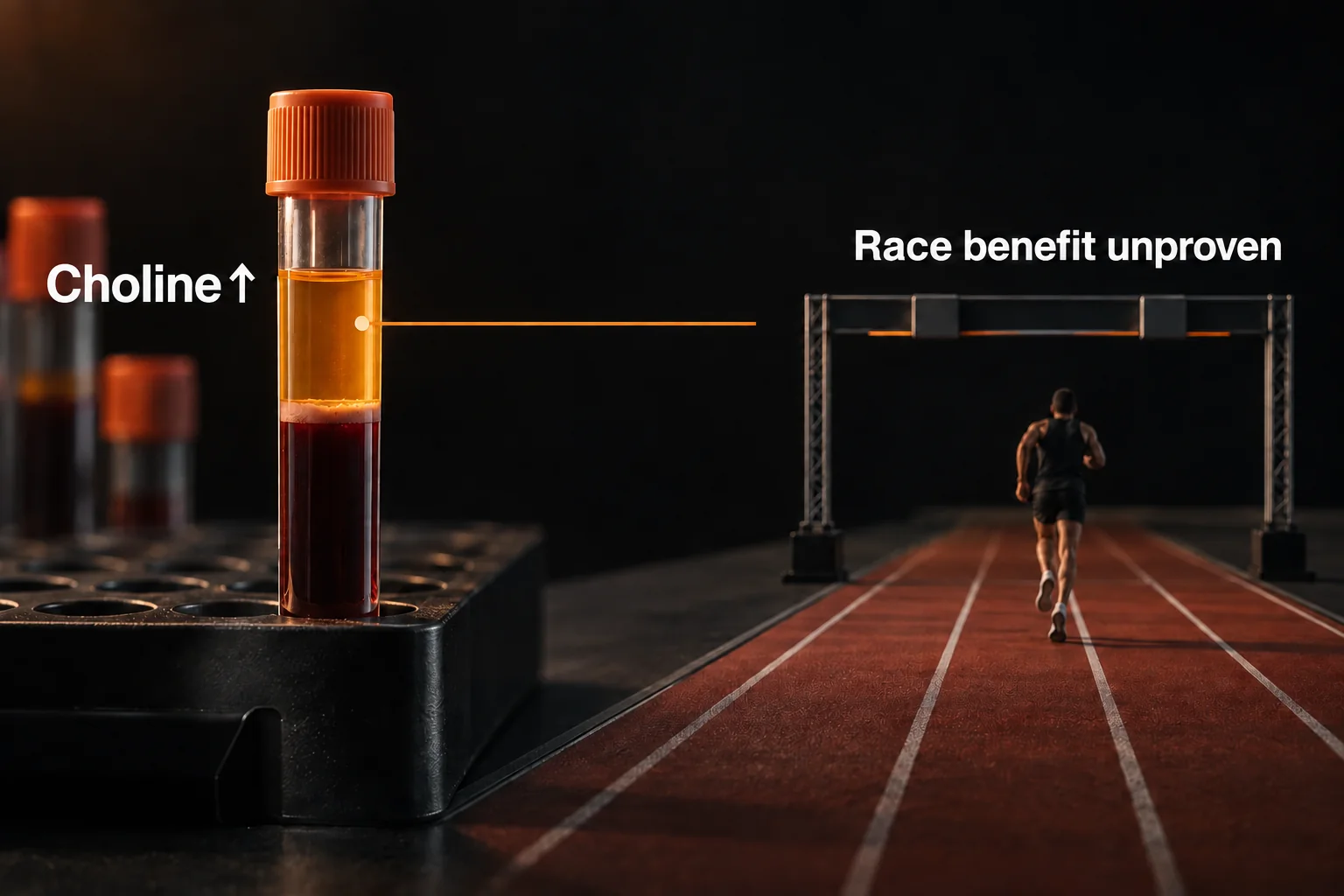 A blood sample with a choline increase label beside a running track, with a gap in the connector to an unproven race benefit.