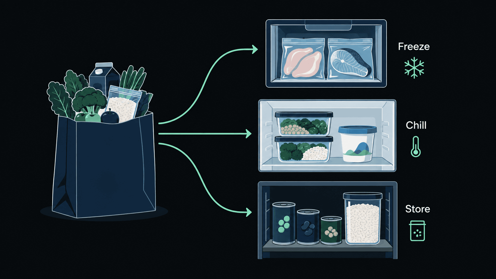 Bulk groceries branch into freezer portions, refrigerated meals and yogurt, and shelf-stable pantry foods.