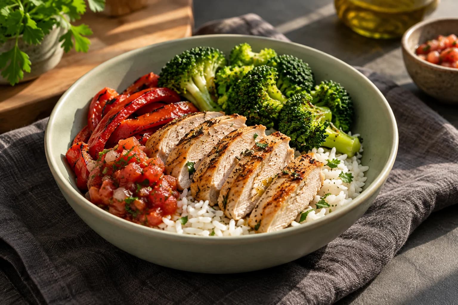 A chicken and rice bowl with broccoli, roasted peppers, and tomato salsa.