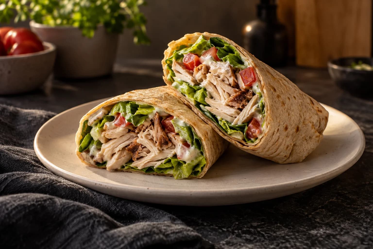 A rotisserie chicken wrap cut into halves, showing shredded chicken, lettuce, tomatoes, and yogurt dressing.