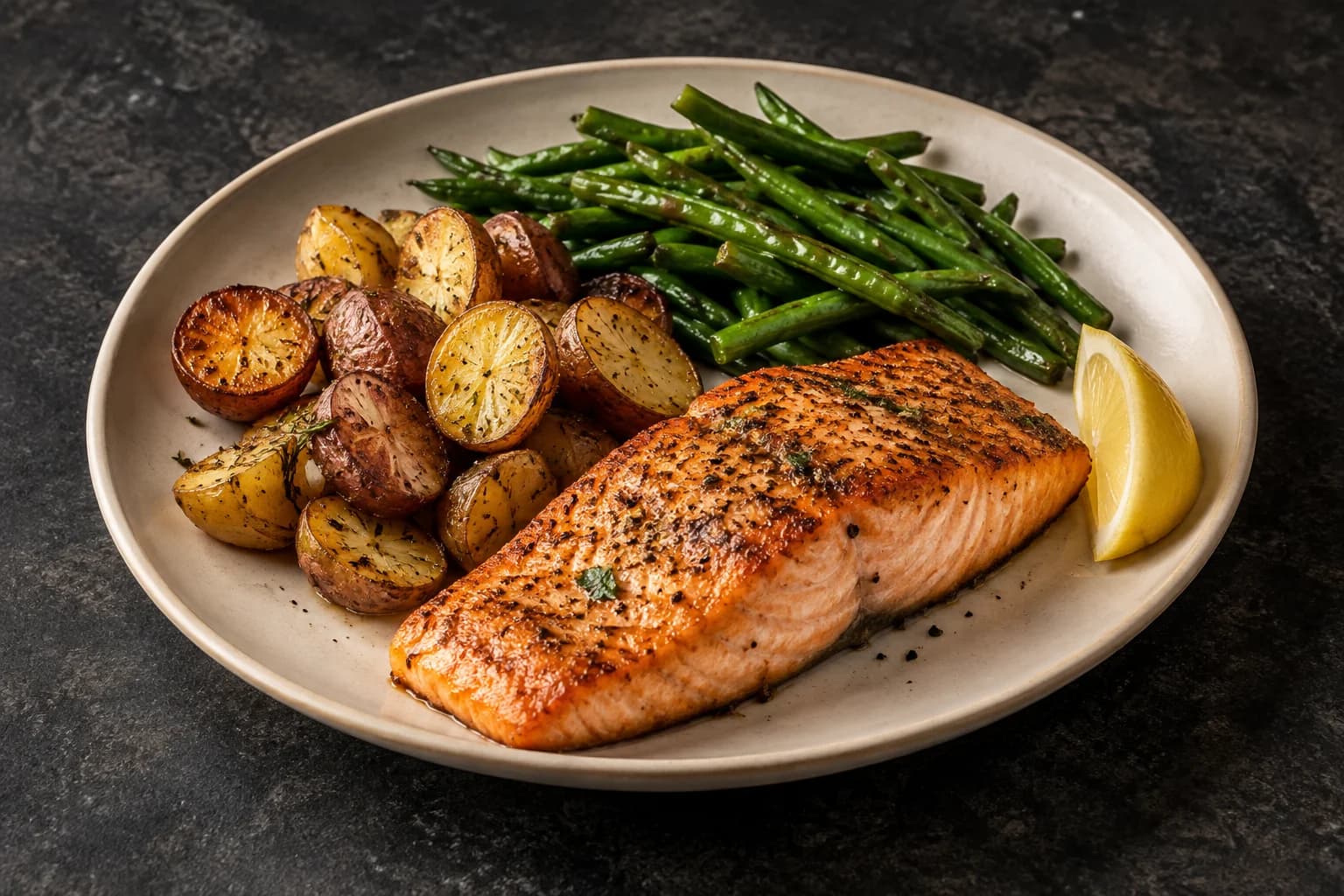 A cooked salmon fillet served with roasted potatoes, green beans, and a lemon wedge.