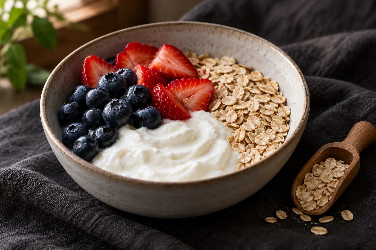 A bowl of plain Greek yogurt with strawberries, blueberries, and rolled oats, with a small oat scoop beside it.