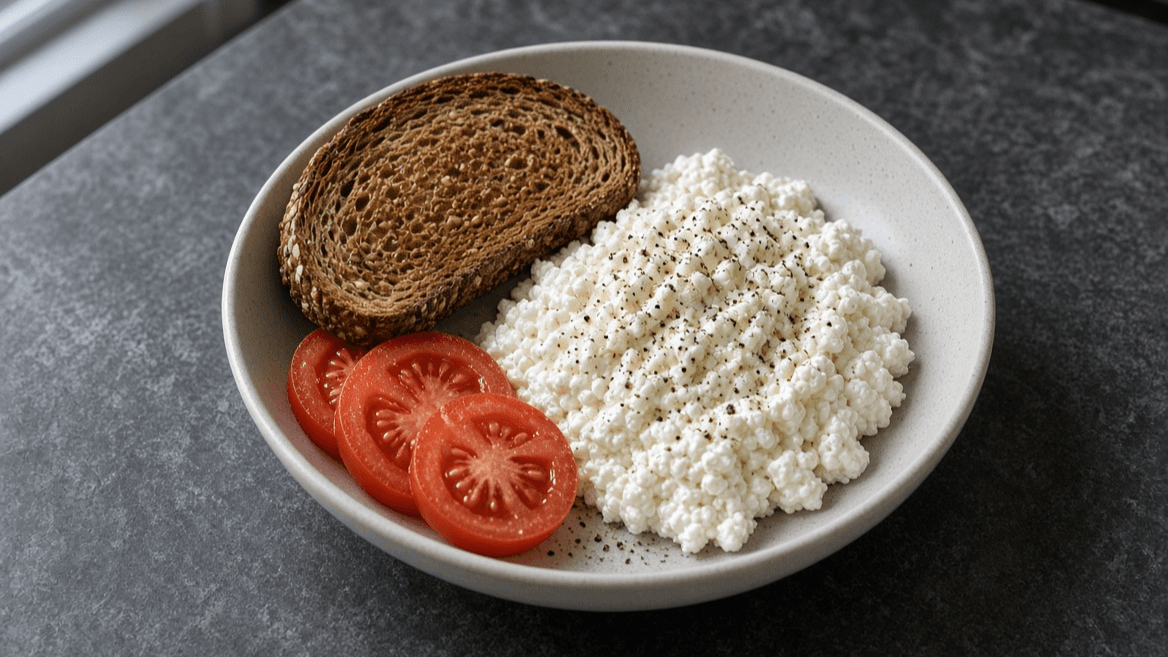 A cottage cheese breakfast plate with whole-grain toast and sliced tomato.