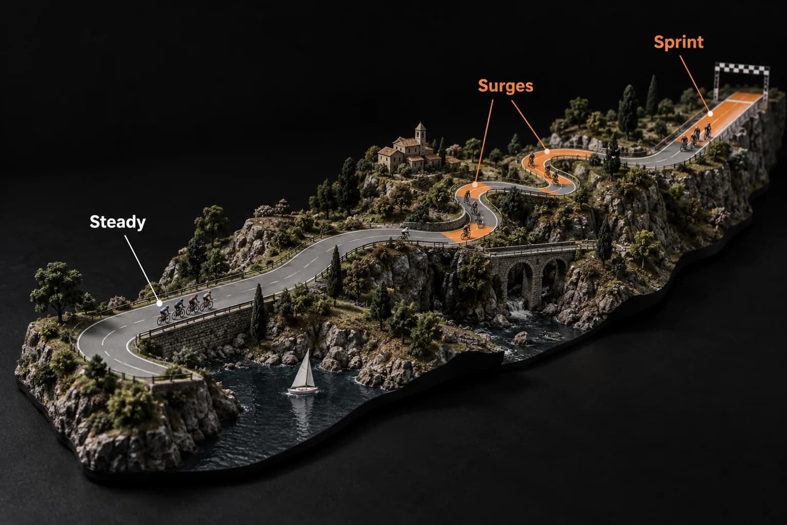 An illustrative cycling course marking steady riding, repeated surges, and a finishing sprint.