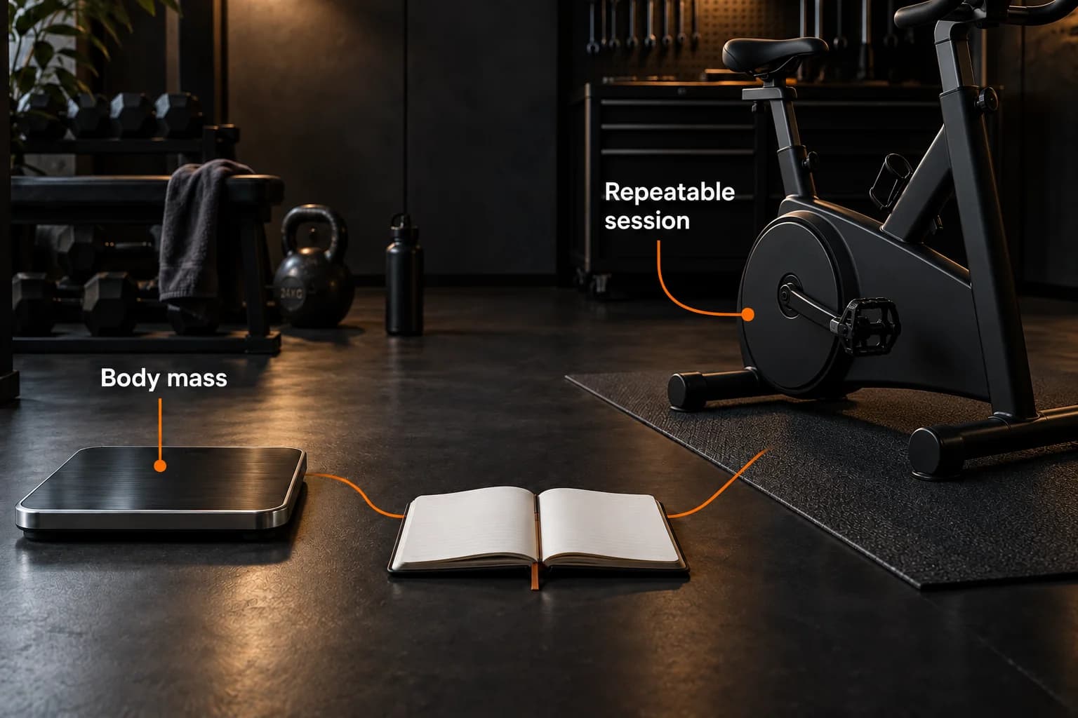 A body-weight scale and stationary exercise bike connected to a training notebook, pairing body mass with a repeatable session.