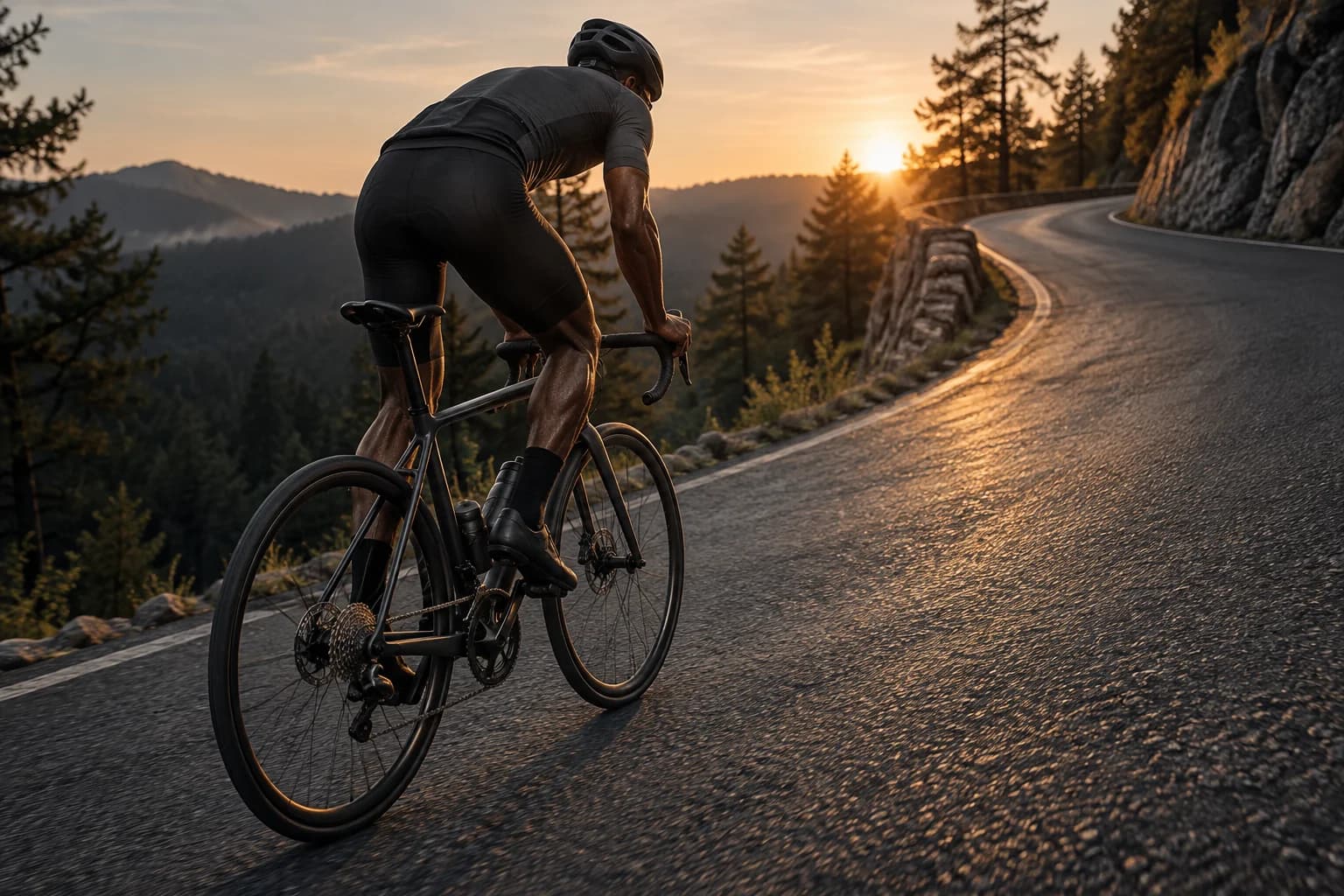 A helmeted road cyclist climbing a steep winding road at sunrise.