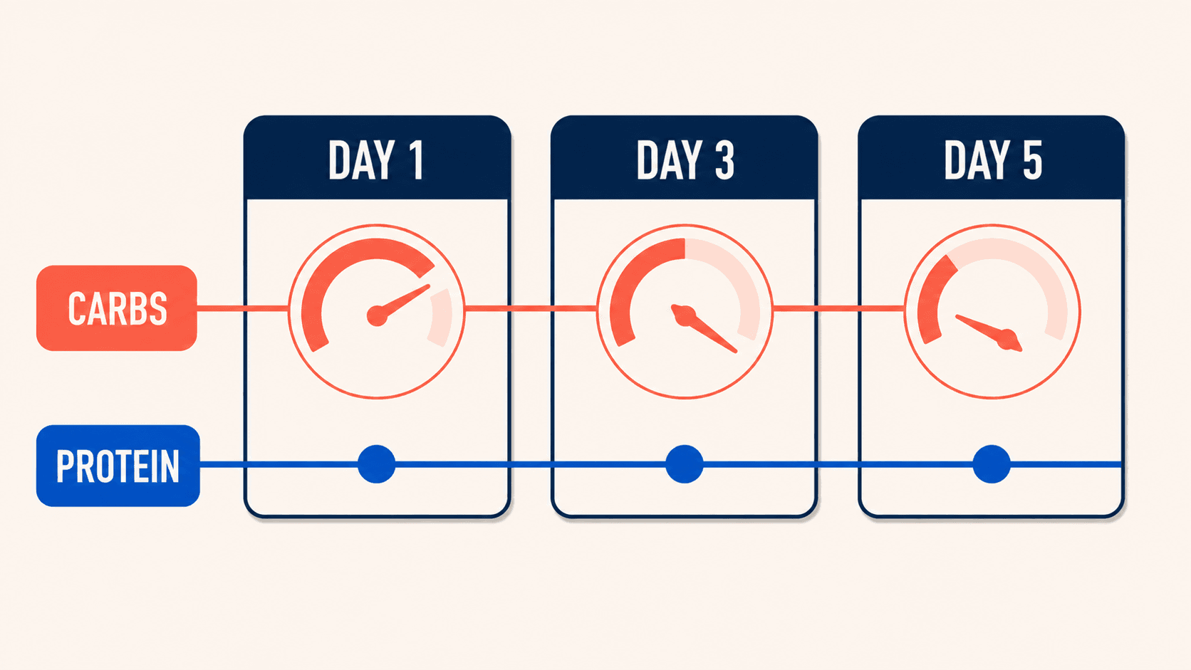 Carbohydrates step down from day one to day five while protein holds near the same target.