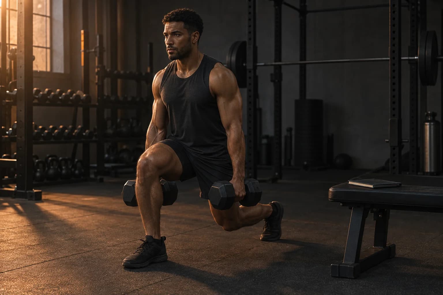 An athlete performing a controlled dumbbell split squat beside a bench and training notebook.