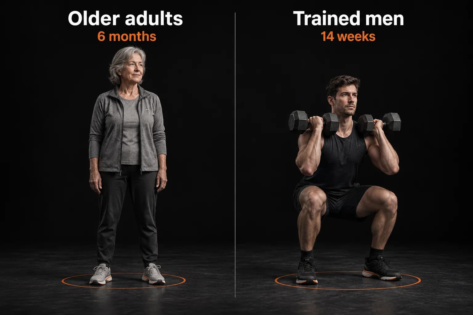 An older adult standing at ease under a six-month label beside a trained man lifting under a 14-week label.