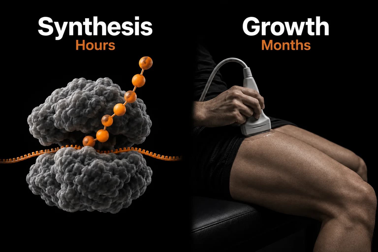A protein-synthesis schematic labeled hours beside an ultrasound measurement of a thigh labeled growth over months.