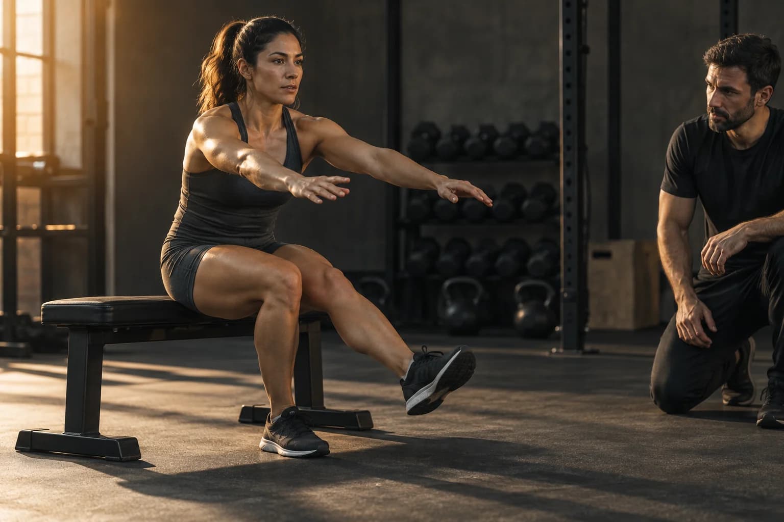An athlete performing a controlled single-leg sit-to-stand while a coach observes her movement.