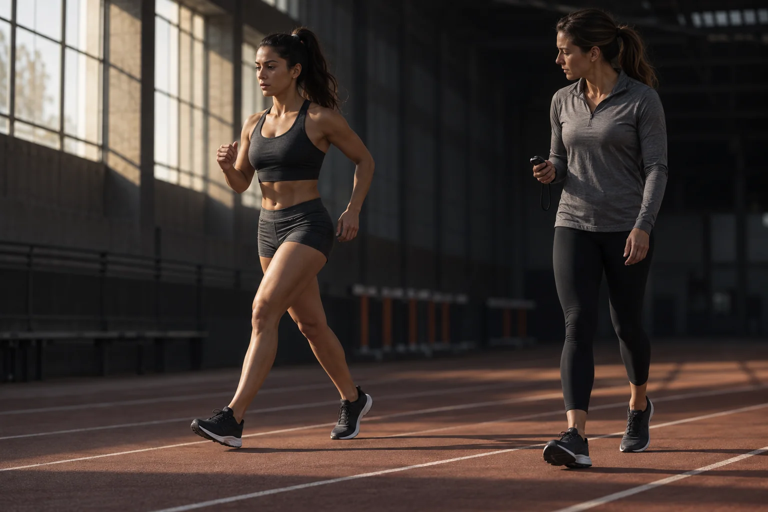 An athlete warming up on an indoor track while a coach observes her stride and holds a stopwatch.