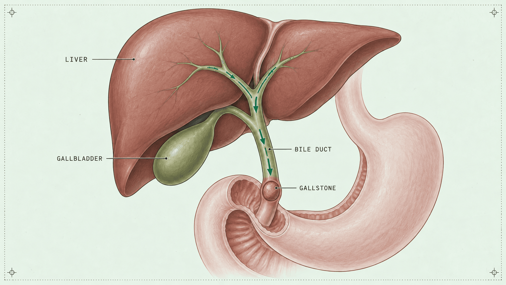 Anatomical illustration of the liver, gallbladder, and bile duct, with a gallstone obstructing bile flow.