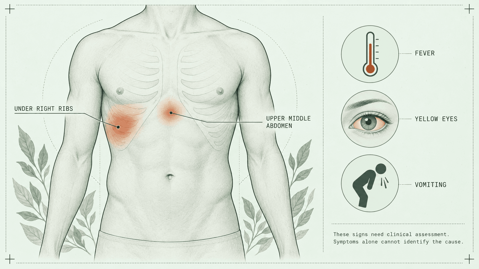Body map highlighting pain under the right ribs and in the upper middle abdomen, with fever, yellow eyes, and vomiting as warning signs requiring clinical assessment.