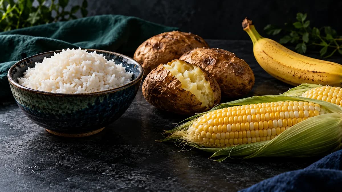 A bowl of white rice with potatoes, a banana, and corn on a dark counter