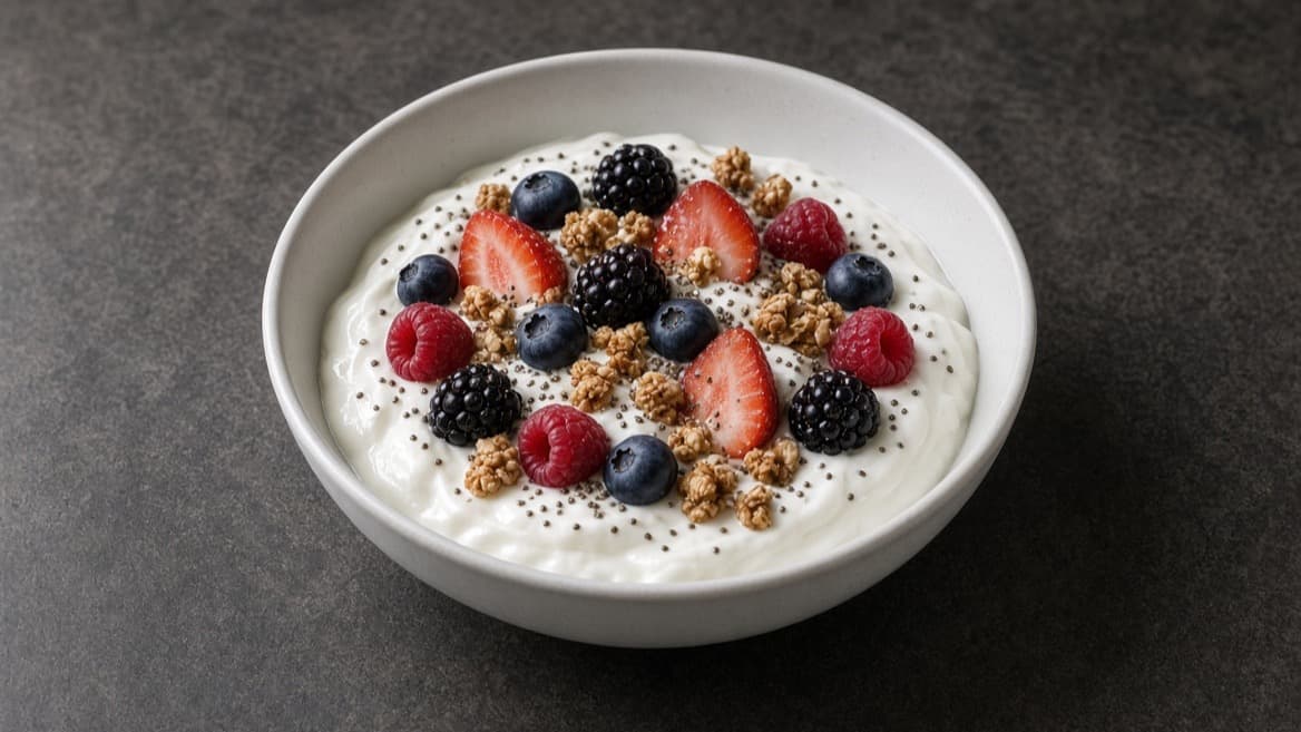 A Greek yogurt breakfast bowl topped with berries, granola, and chia seeds.